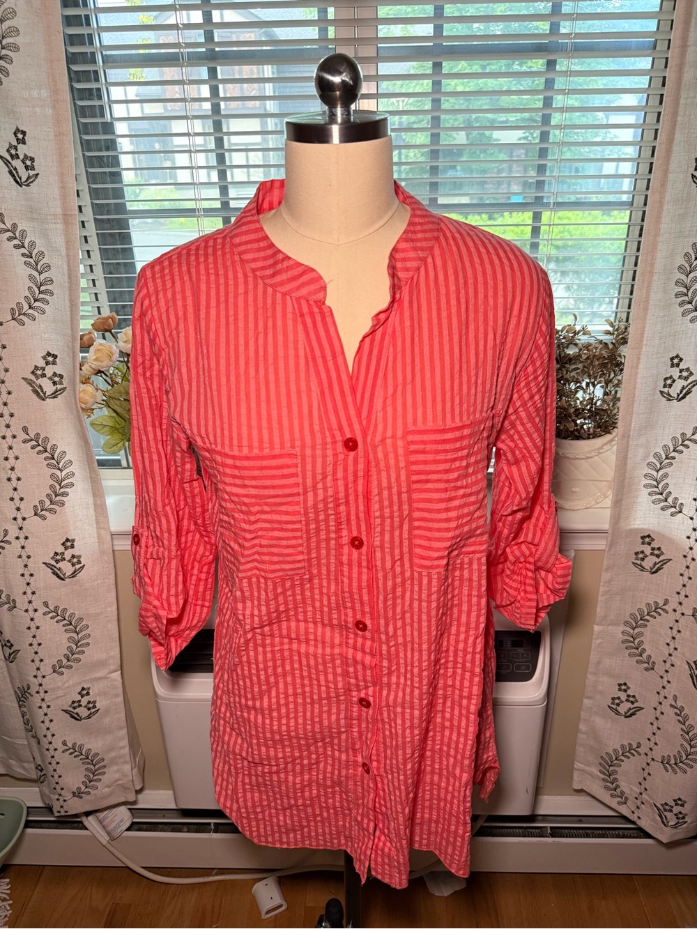 Soft Surrounding Coral Pink Striped Button-Front Tunic